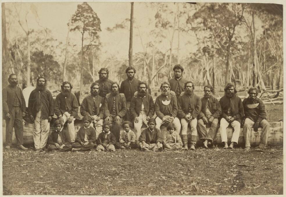 Pompey, second from left (back row), at the Framlingham Aboriginal Reserve in 1867. George W. Priston creator ca 1865-1875, State Library of Victoria collection. 