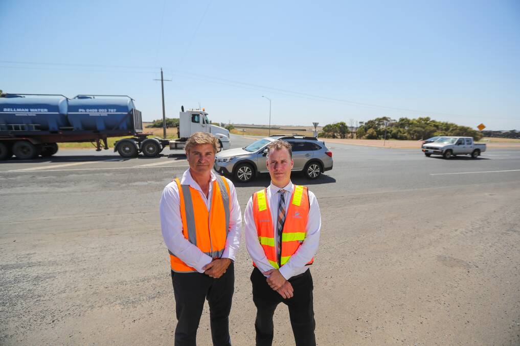CASH CALL: Warrnambool mayor Tony Herbert and infrastructure director Scott Cavanagh on the Princes Highway, at the start of the Mad Mile near Illowa. Picture: Morgan Hancock