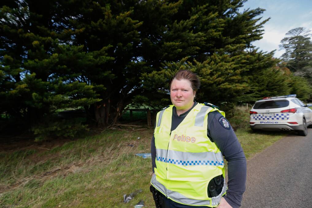 Cobden police Sergeant Heather Morris at the crash site. 
