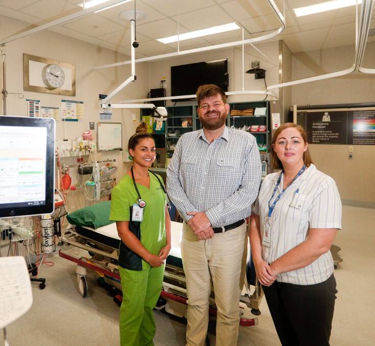 Warrnambool Base Hospital's clinical nurse specialist Kylie Dorney, emergency department physician Dr Tim Baker and acting nurse unit manager Sarah Neill. Picture: Morgan Hancock