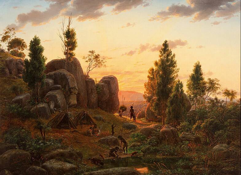 PAINTING: Eugene von Guerard's 1857 painting of the Stoney Rises showing local Aboriginal tribes at home in the Rises just 14 years before Maurice and Margaret made it their home. 