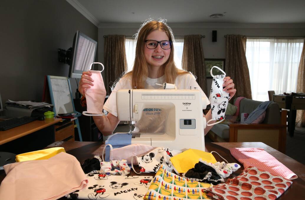 STAYING SAFE: Warrnambool's Abbey Fidge, 15, is making face masks. Picture: Mark Witte 