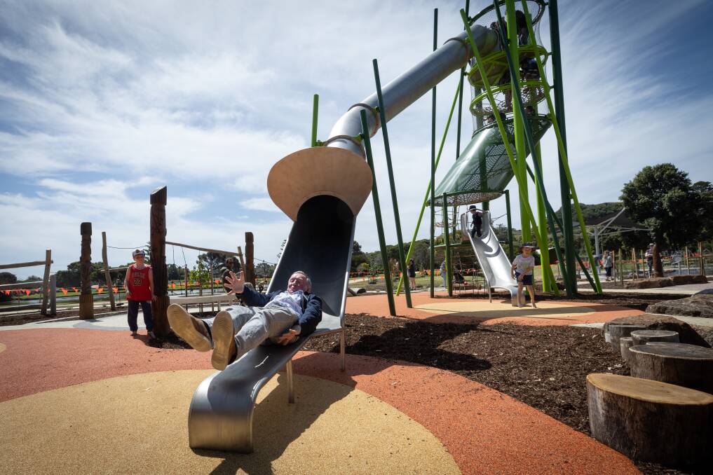 Warrnambool city councillor Max Taylor goes down the slide on its opening day in December 2022. Picture by Sean McKenna