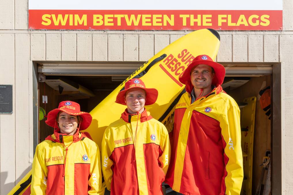 Riley Shiels and Ben Kelly with Warrnambool Surf Life Saving club patrol captian Jackson Fary. Picture by Eddie Guerrero 