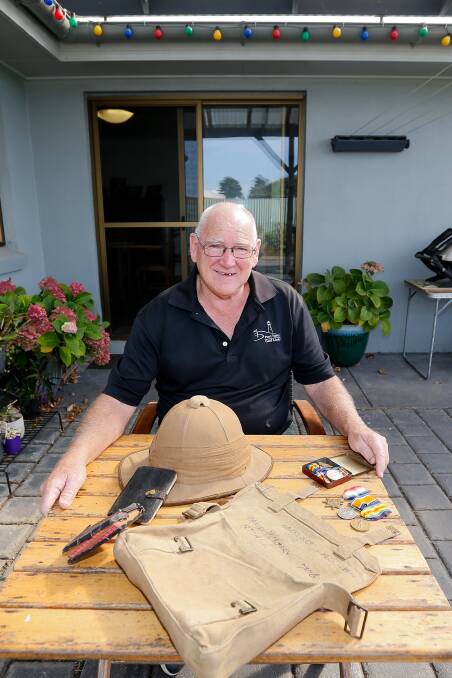 LEFT: Brian McGarvie has the diary, kit bag and pith helmet that belonged to his grandfather David McGarvie who served in the 8th Light Horse at Gallipoli. Picture: Anthony Brady 