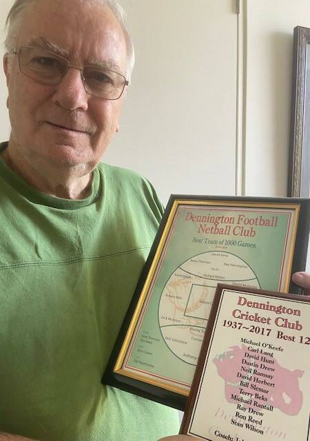 HONOURED: Ron Reed with plaques honouring his place in Dennington football and cricket's best. (left)