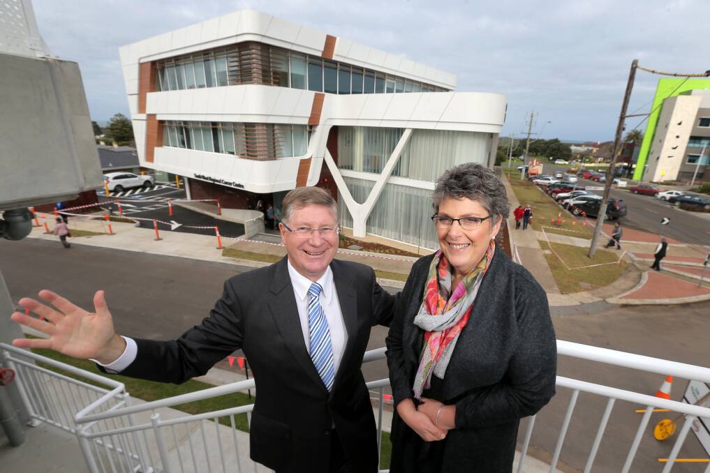 Former Premier of Victoria Denis Napthine and Peter's Project founder Vicki Jellie celebrate the opening of the new South West Regional Cancer Centre. Picture: Rob Gunstone  