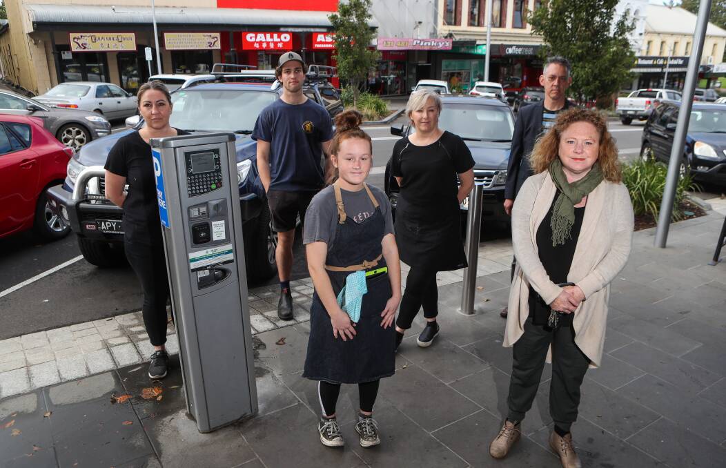 Chelsea Hayward, Two Kings & Coffee Treat owner, Brad Whitehead, Fishtales Cafe, Kayla May, Fishtales Cafe, Sue Monti, Fig Sellers, Kylie Gaston and Mike Neoh are calling for free 15 minute parking for stores that offer take away. Picture: Morgan Hancock