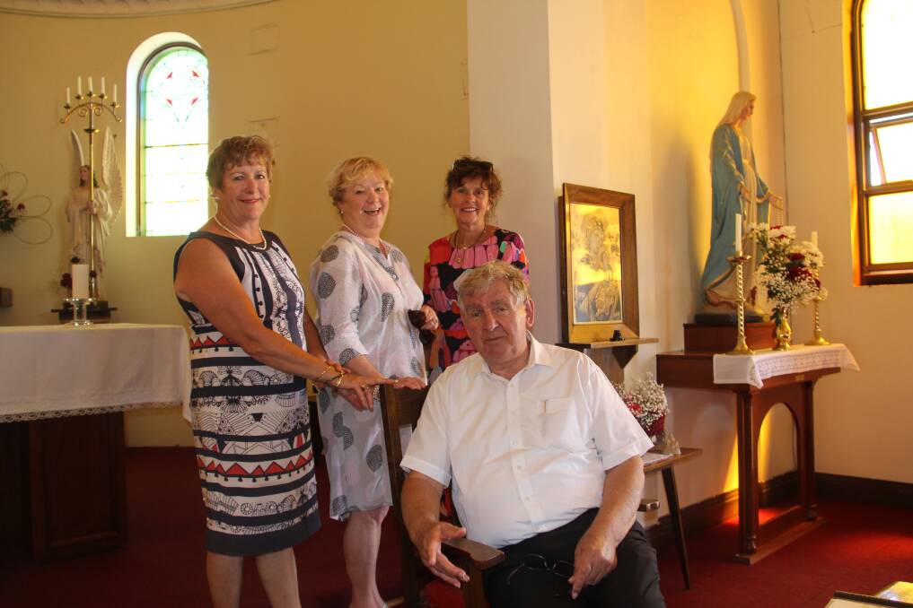 GOODBYE: Yambuk parishioners Ann Sinnott, Anne Carey and Julie Condon with Father Bill van de Camp at the final mass for the town's St Joseph's Church on Sunday morning. Picture: Rachael Houlihan 