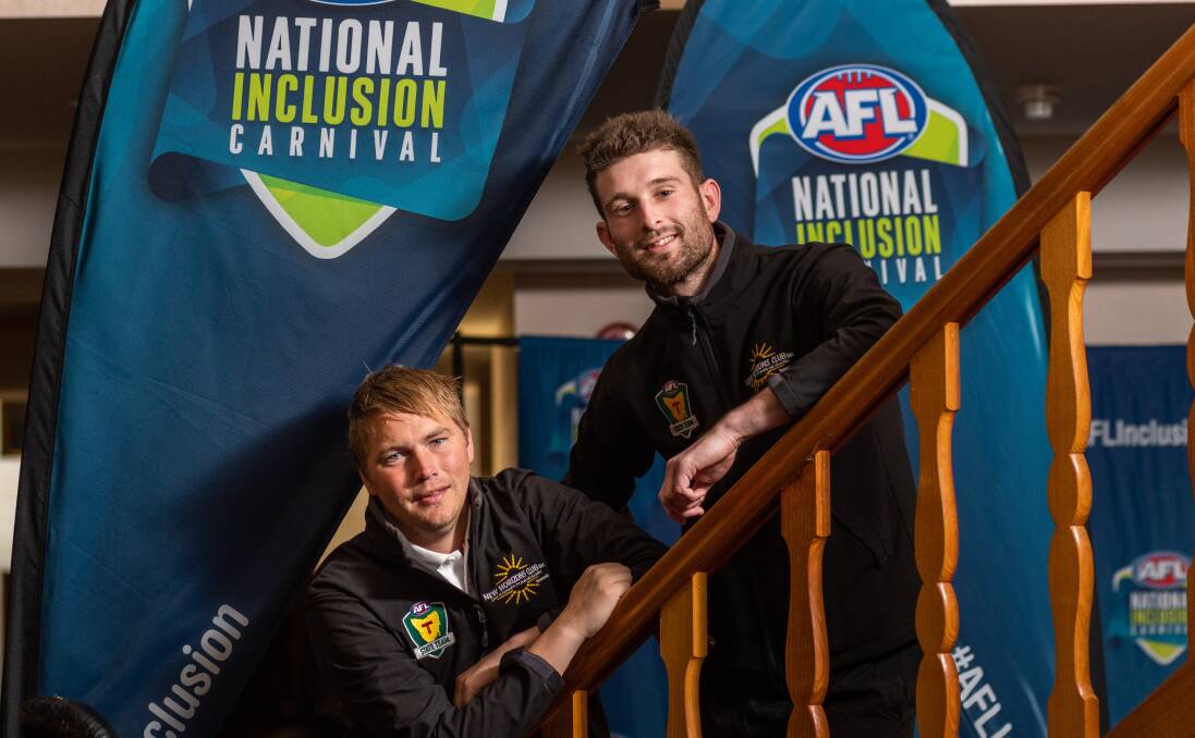 KICKING GOALS: Tasmanian team players Jordan Irwin and Dylan Pace at the AFL Inclusion Carnival closing ceremony, which was held at the Aspect Tamar Valley Resort on Saturday night. Picture: Phillip Biggs
