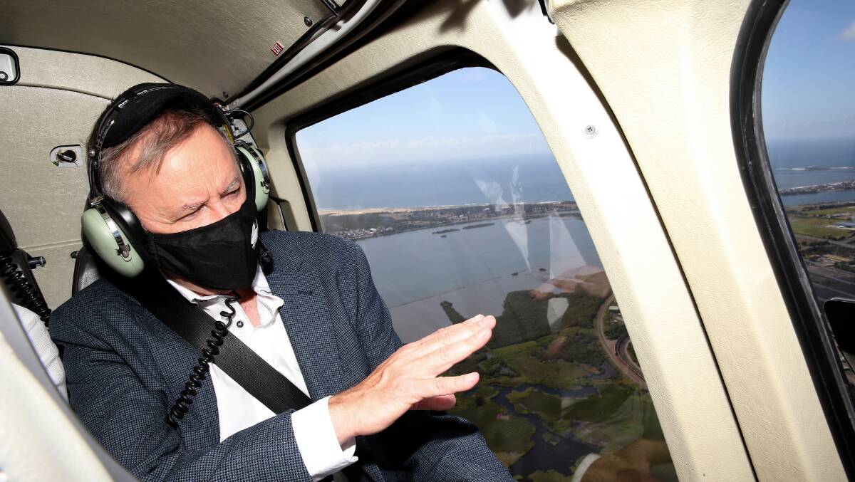 Labor leader Anthony Albanese during a helicopter ride over Newcastle on the federal election campaign trail in January. Picture Peter Lorimer