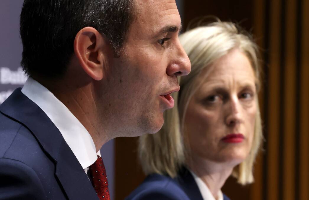 Treasurer Jim Chalmers and Finance Minister Katy Gallagher speak to media before delivering the budget. Picture by James Croucher