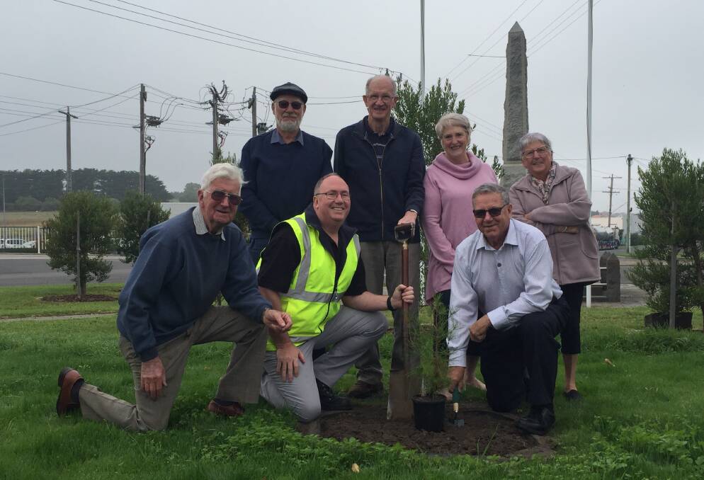 TRIBUTE: Wally McDowell (front, left), Fonterra's Joel Saywell, John Harris, Graham Conn (back, left), David Kelson, Anne Boak and Bev Conn are ready for Wednesday's service. Picture: Monique Patterson