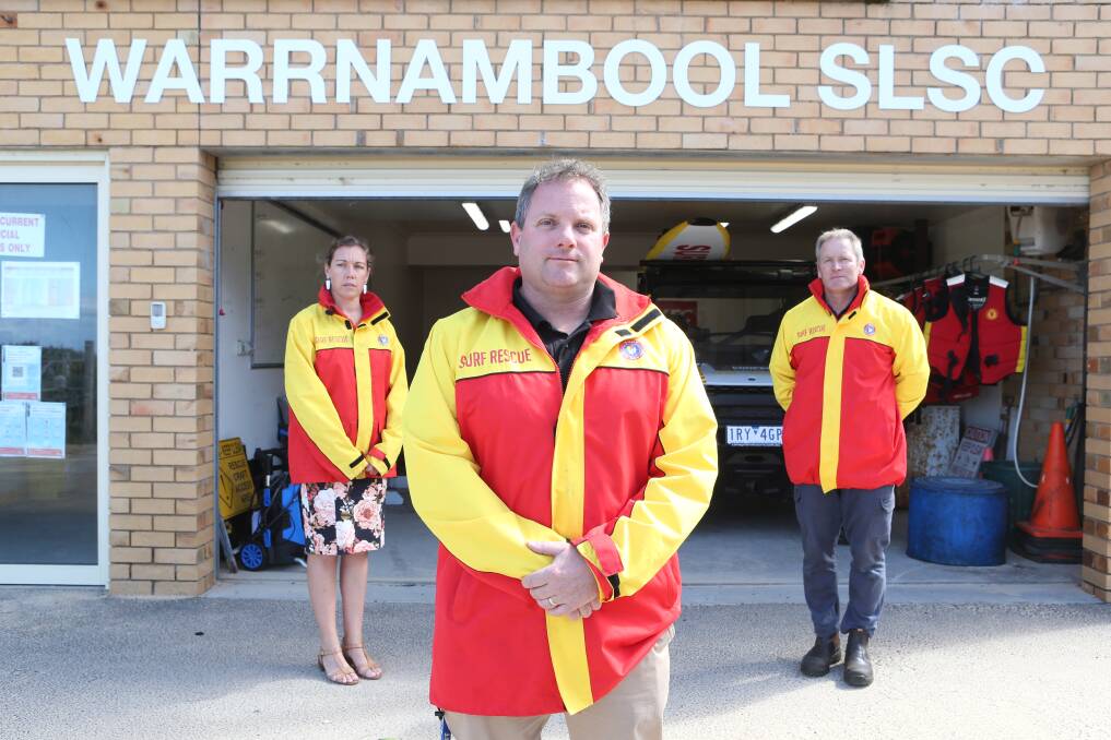 UPGRADE CALL: Warrnambool Surf Life Saving Club president Justin Houlihan, centre, club captain Jo McDowall and vice president John McNeil are pushing for an upgrade. Picture: Chris Doheny
