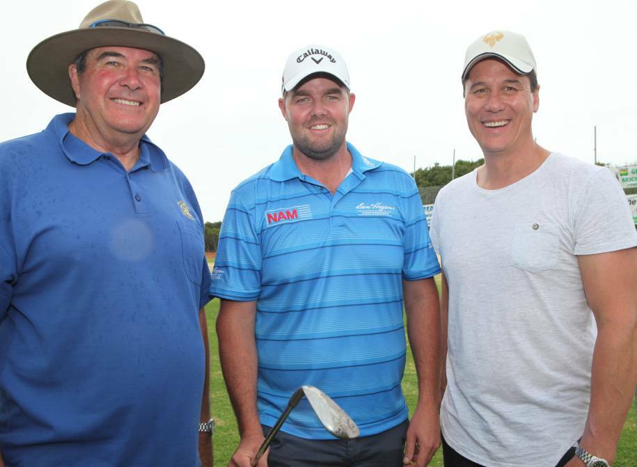 Tee-off: Rotary's Peter Reeve, golfer Marc Leishman and Leila Rose Foundation's Andrew Chow launch the hole-in-one competition in Warrnambool. Picture: Nick Ansell