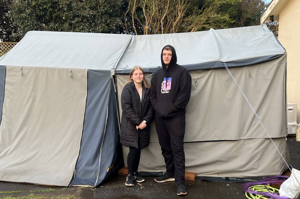 HOMELESS: Maddie Kellett and Noah Compton are living in a tent because they can't find a property to rent.
