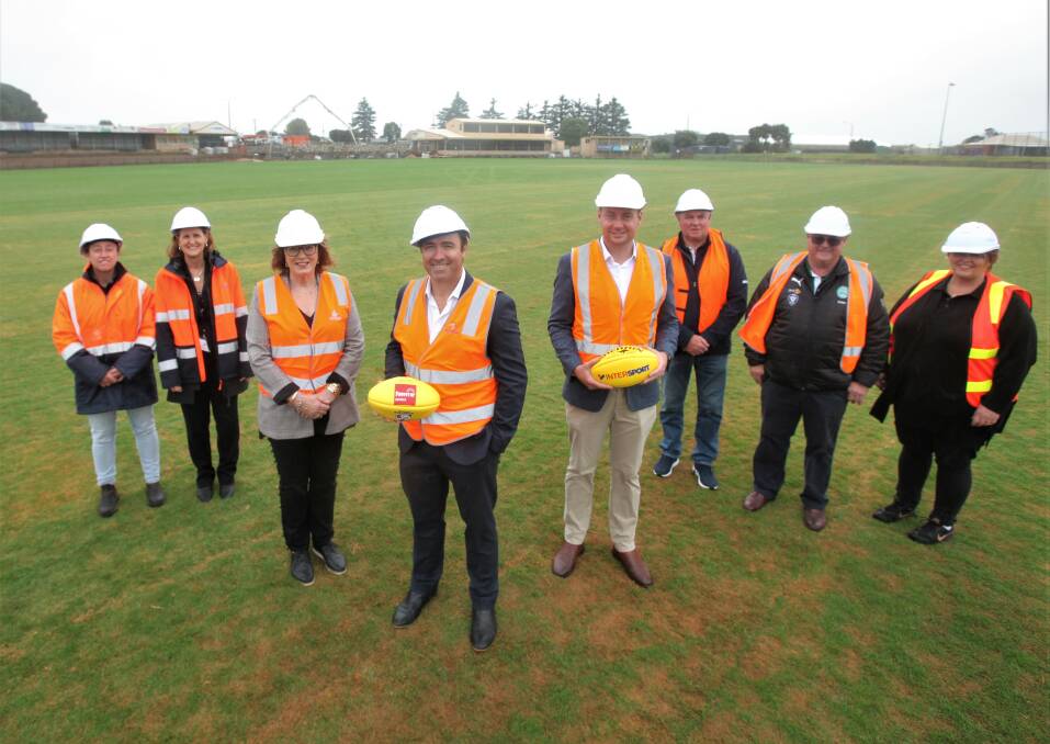 UNDER WAY: Warrnambool City councillor Debbie Arnott, AFL Victoria head Brad Scott and AFL Western District region manager Matthew Ross (front) check out the surface with other key stakeholders. Picture: Nick Ansell
