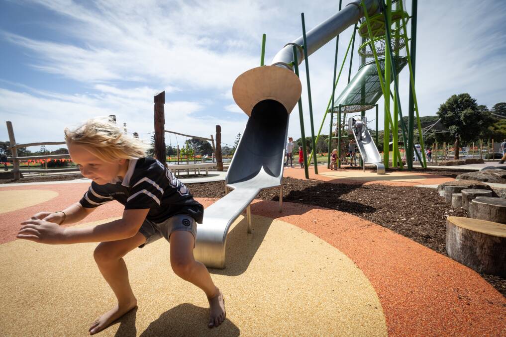 Charlie Walsh, 8, tries out the new nine-metre slide at Lake Pertobe. Picture by Sean McKenna