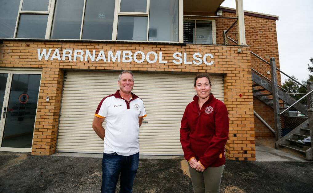 Warrnambool Surf Life Saving Club president John McNeil and captain Jo McDowell have been helping to lobby for funding for new facilities. Picture by Anthony Brady