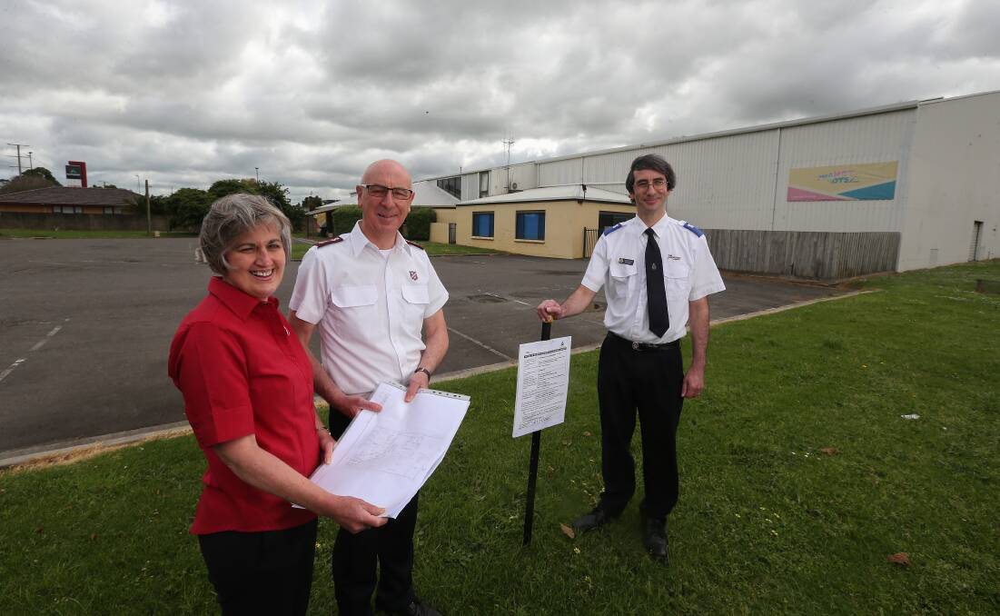 GREEN LIGHT: Salvation Army Warrnambool majors Sally-Anne and Brett Allchin and ministry assistant Chris Philpot at the new site for the organisation.
