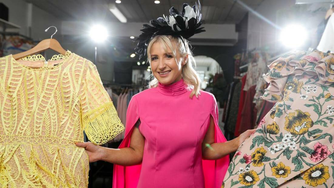 Race ready: Warrnambool's Mix and Co sales assistant Kylie Rhode is tickled pink that so many ladies are frocking up for the city's 15th Oaks Day meet. Picture: Rob Gunstone.