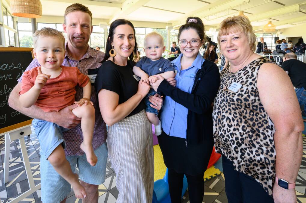 REUNITED: Triple zero operator Madeleine Craven meets Luke and Stacey Madden, Jenny Hillman and Tom, 2, and Charlie Madden, 1, for the first time. Picture: Supplied