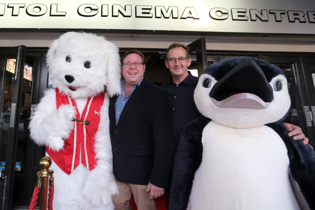 POPULAR: Oddball star Shane Jacobson and producer Richard Keddie with the Oddball and Penguin mascots at the movie's premiere. 