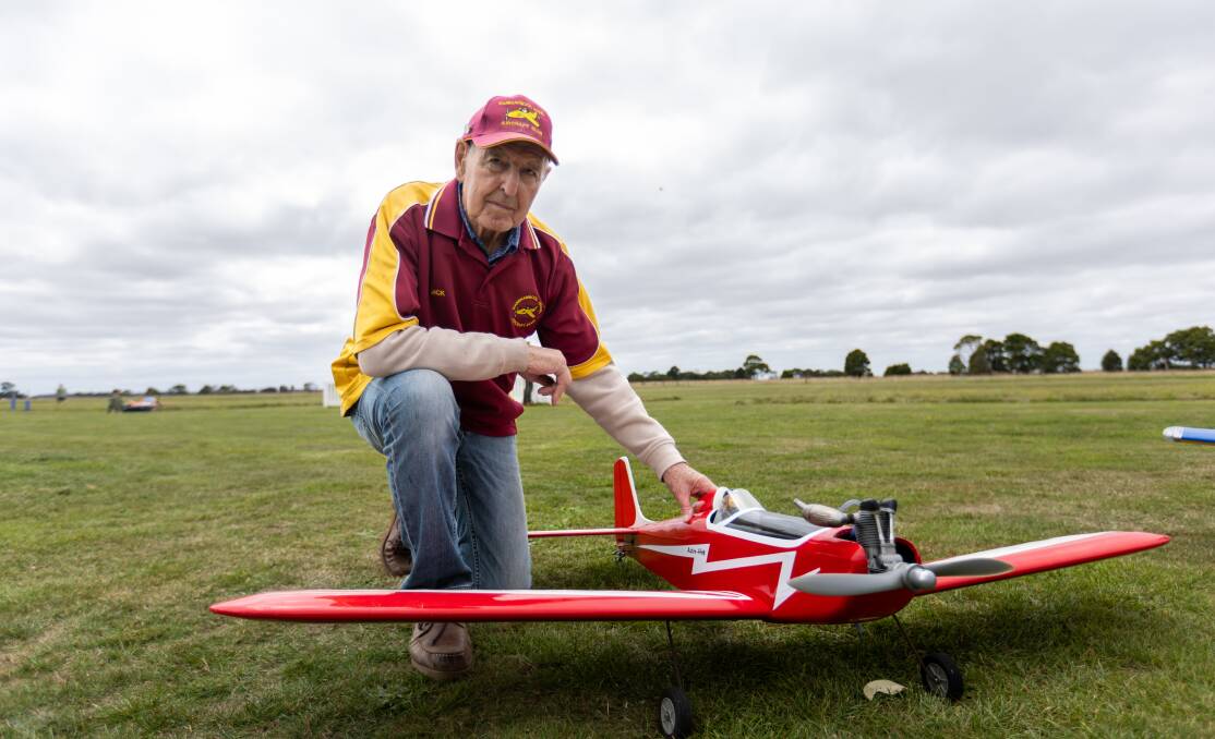 Warrnambool Model Aircraft Club member Jack Williams, 93, enjoyed flying his aircraft at the event on Sunday. Picture by Eddie Guerrero