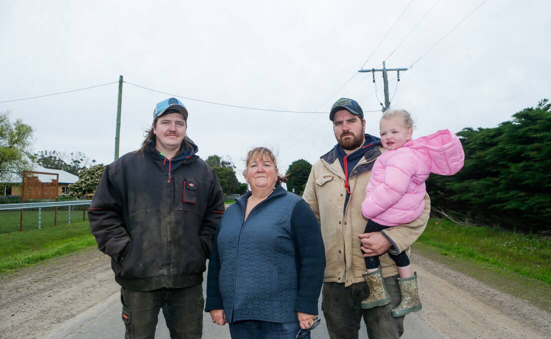 Matt, Jodi, Adam and Ava Fry are angry about the state of the Woolsthorpe-Heywood Road which they say is long overdue for an upgrade. Picture by Anthony Brady