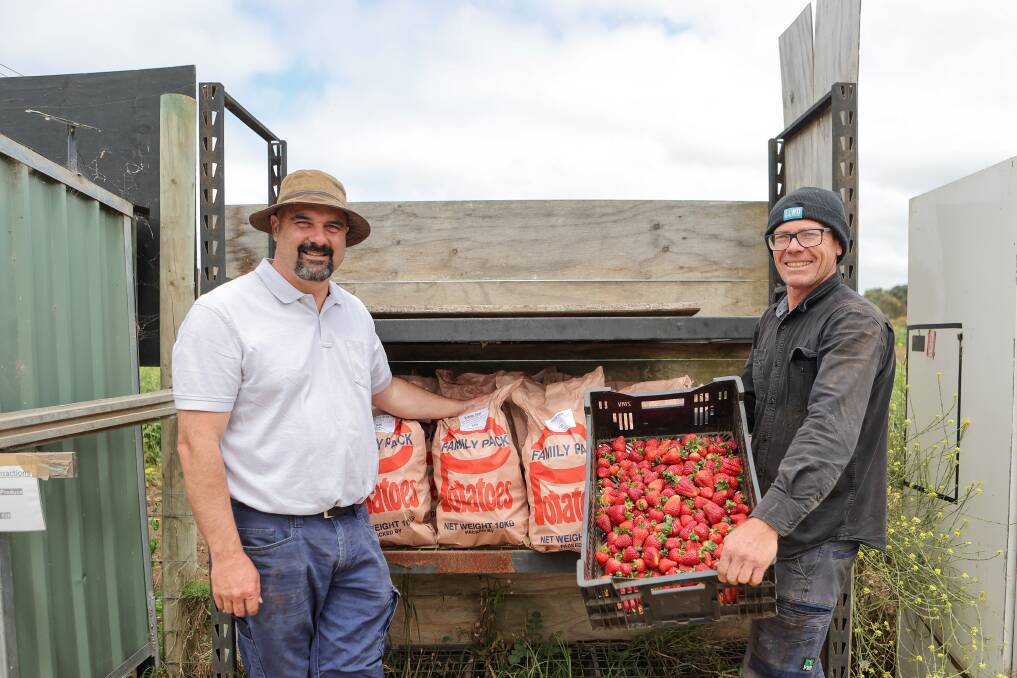 Volcano Produce owner Ben Pohlner and farm manager Derek Burn have plenty of potatoes on offer, despite a widespread shortage. Picture by Anthony Brady