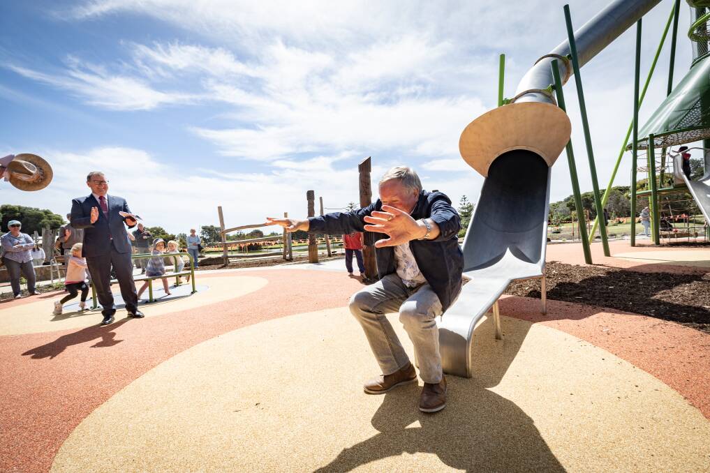 Warrnambool councillor Max Taylor tries out the new nine-metre slide at Lake Pertobe. Picture by Sean McKenna