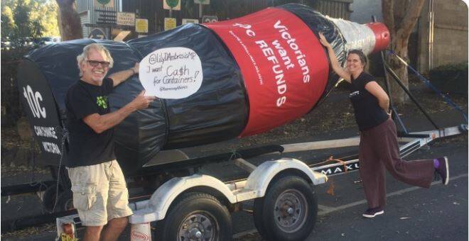 GIANT TASK: Campaign members with the coke bottle that will be the centrepiece of the tour around Victoria. Picture: Supplied
