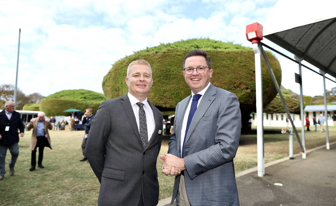 Warrnambool Racing Club chief executive officer Luke Cann with Racing Minister Anthony Carbines. Picture by Anthony Brady