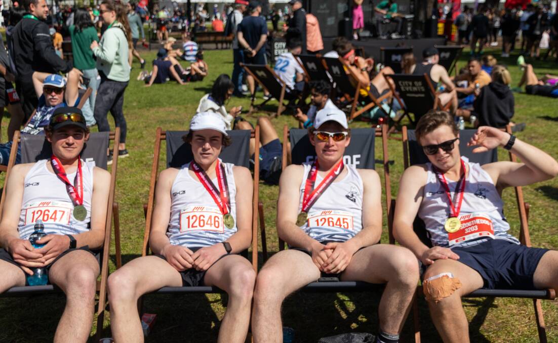 Connor Cardwell, Xavier Vickers, Hugh Porter and Kane Johnstone ran the Melbourne marathon in honour of the late Thomas Vickers. Picture by Sarah Pekin Photography