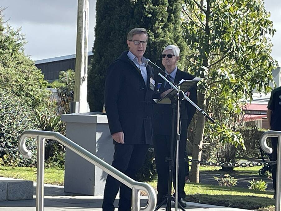 Ex-servicemen James Kelly addresses those gathered at the war memorial in Koroit.