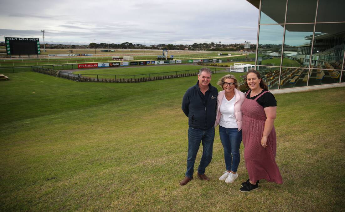 BUSY: Warrnambool Racing Club event managers Glenn Scott and Ali Slorach with operations manager Kate Lindsey ahead of the May Racing Carnival next week. Picture: Morgan Hancock
