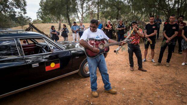 A song about Mungo Man and Mungo Lady at the ceremony in Wagga Wagga. Photo: Justin McManus