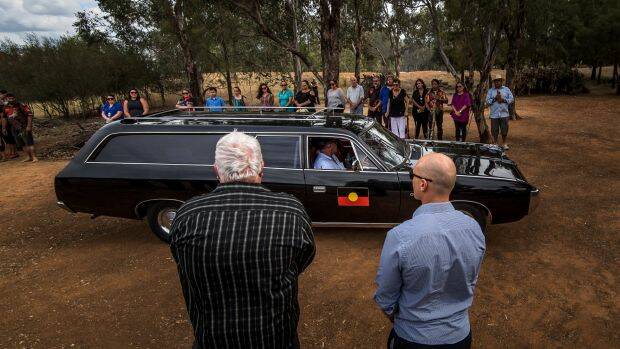 The hearse arrives at the ceremonial site in Wagga Wagga. Photo: Justin McManus