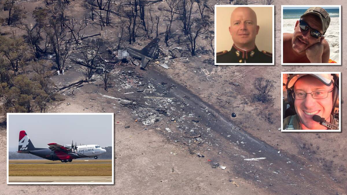 The crash site of the Lockheed C-130 large air tanker, inset left, north-east of Cooma killed three US firefighters. Picture supplied