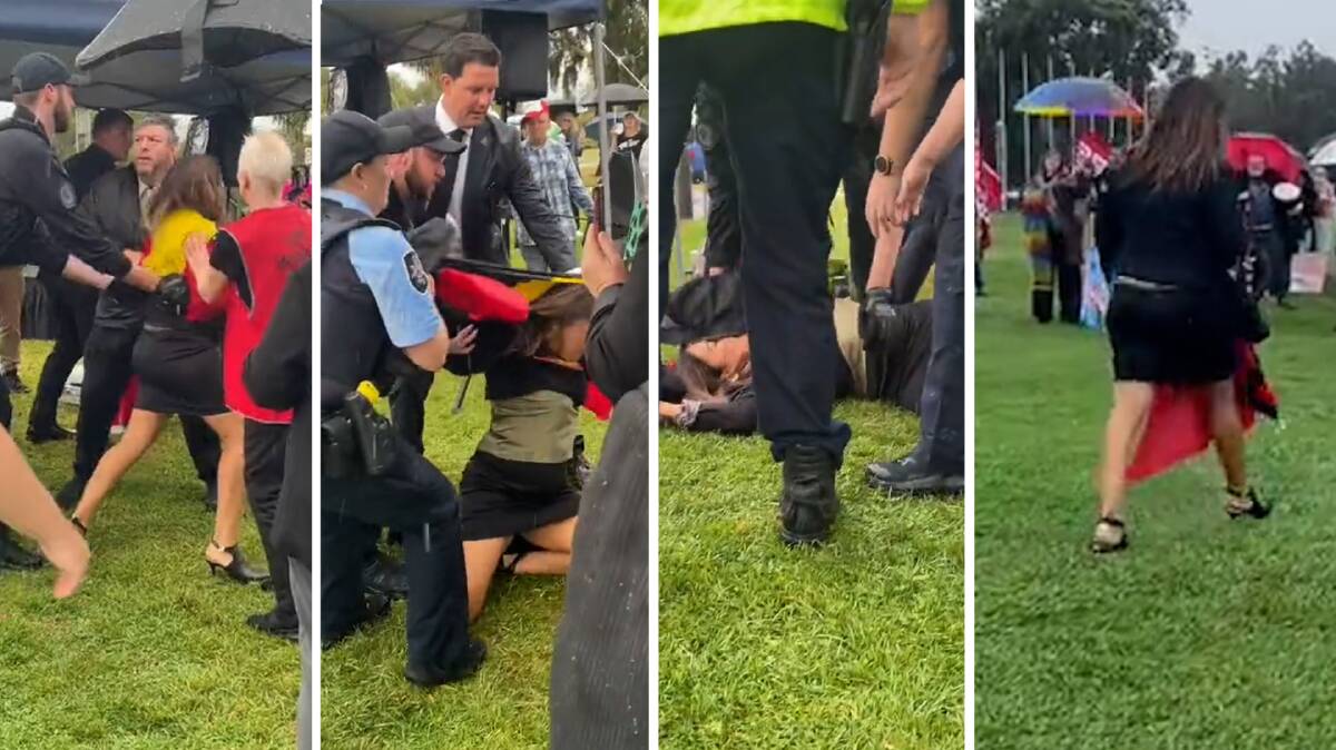 Screenshots of the video showing Senator Lidia Thorpe fall to the ground while being grappled by police. 