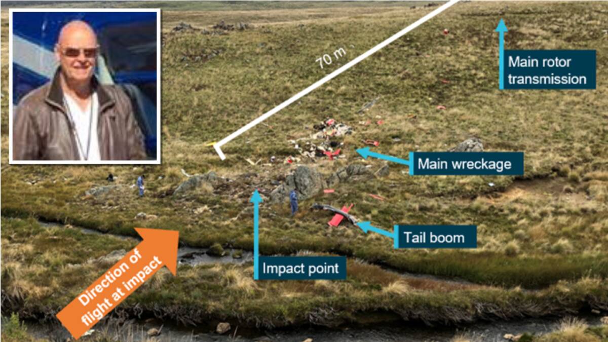 The crash site at Kiandra Flats in Kosciuszko National Park and, inset, Peter Woodland. Pictures ATSB, Facebook