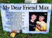 Best friends Max (left) and Aidan pictured on a memorial plaque at Mr Boggs' grave site in Northern Ireland. Picture supplied