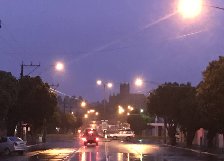 It was dark wet and slippery just before 7am looking north up Warrnambool's Kepler Street. We are expecting a maximum of 17 degrees.