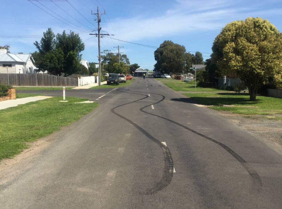 Dangerous: Police check the specifics of the 100 metre burnout in Koroit.
