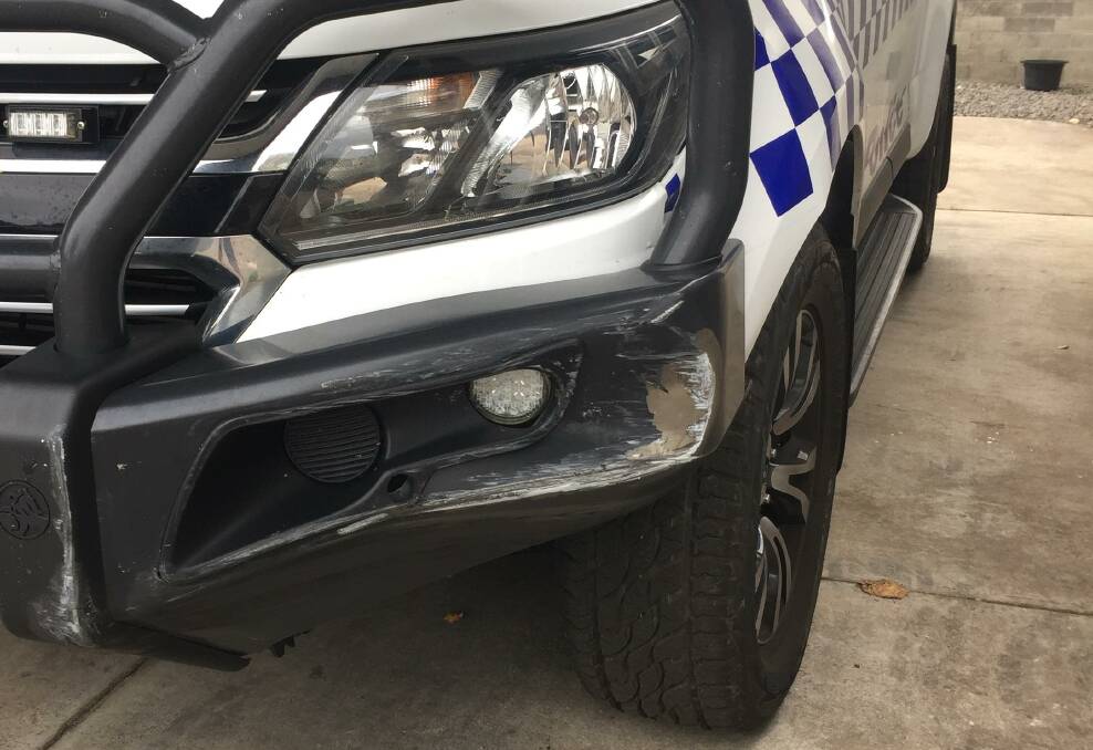 The Port Fairy police vehicle which was rammed.