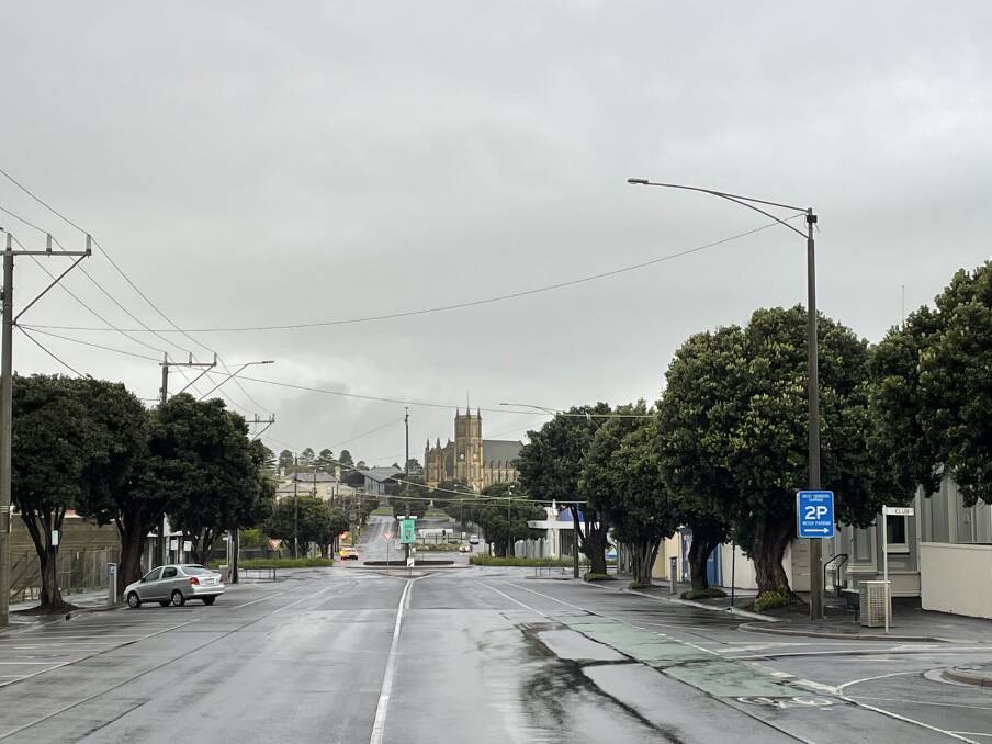 Bleak: It was wet, breezy and grey looking north up Warrnambool's Kepler Street at 7am this morning.