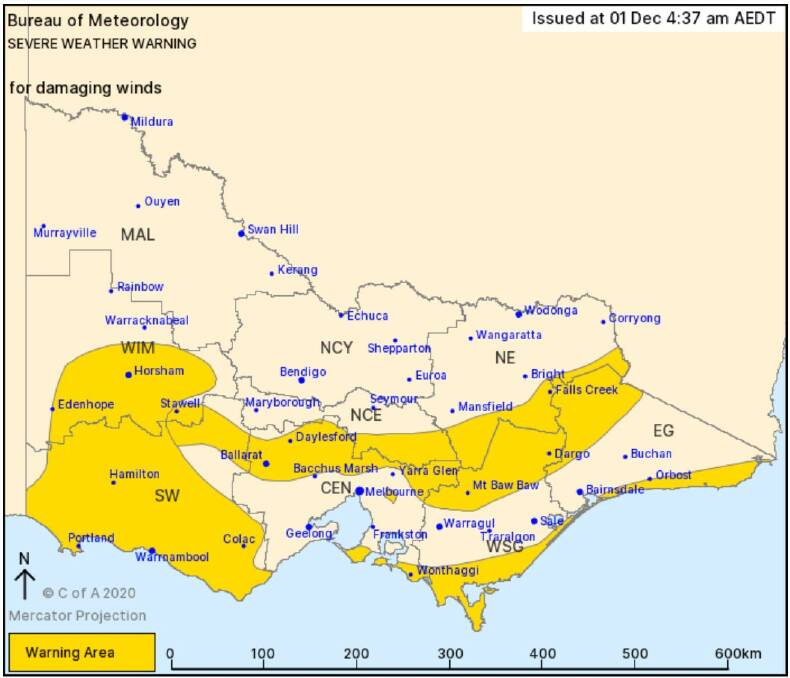 Severe warning for damaging winds, peak gusts to 100km/h