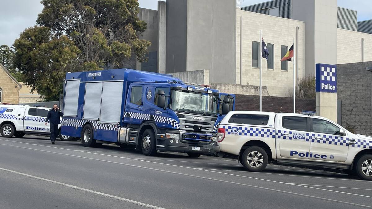 A Victoria Police search and rescue heavy vehicle was parked out the front of the Warrnambool police station on Tuesday morning.