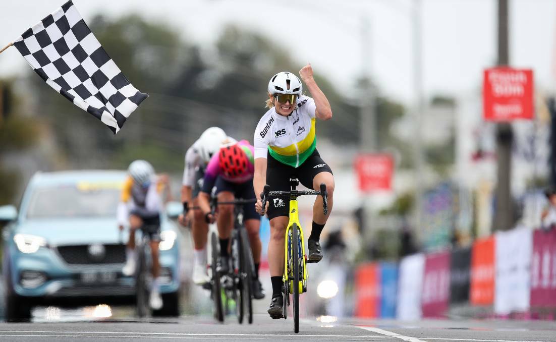 One and only? Maeve Plouffe celebrates winning the first-ever Lochland Energy Warrnambool Women's Classic.