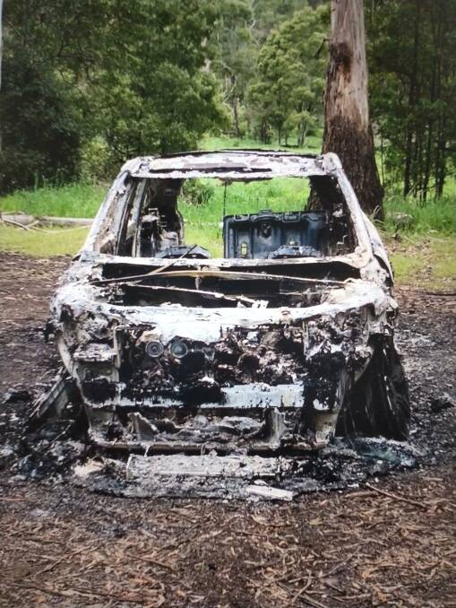 Torched: The burnt out Land Rover Evoque was stolen from near Bacchus Marsh and found at Glenfyne.